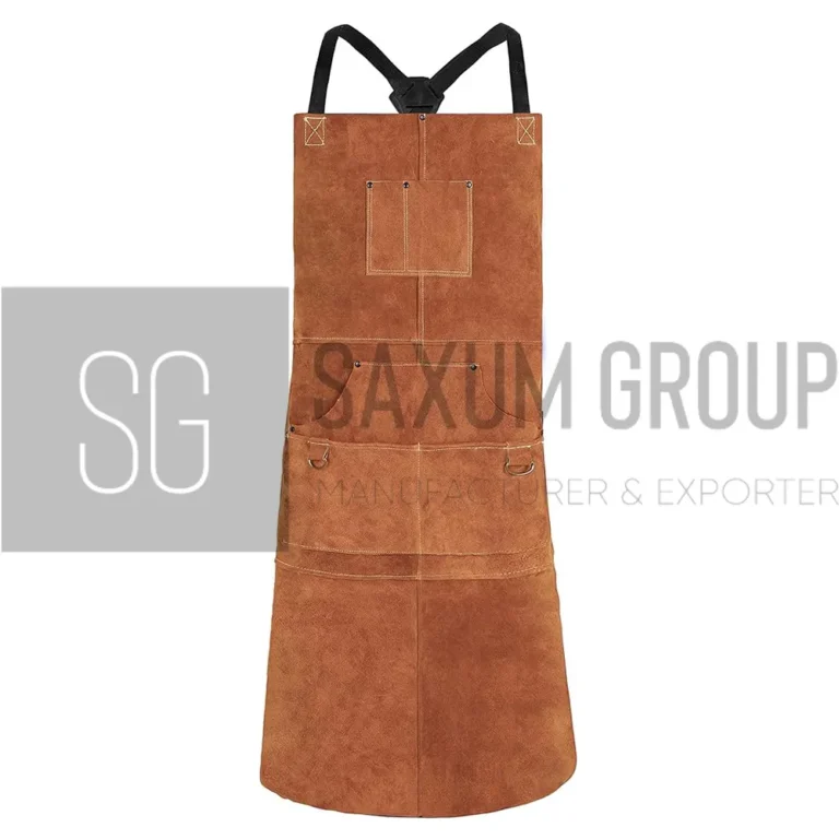 Brown soft split leather welding apron with six pockets