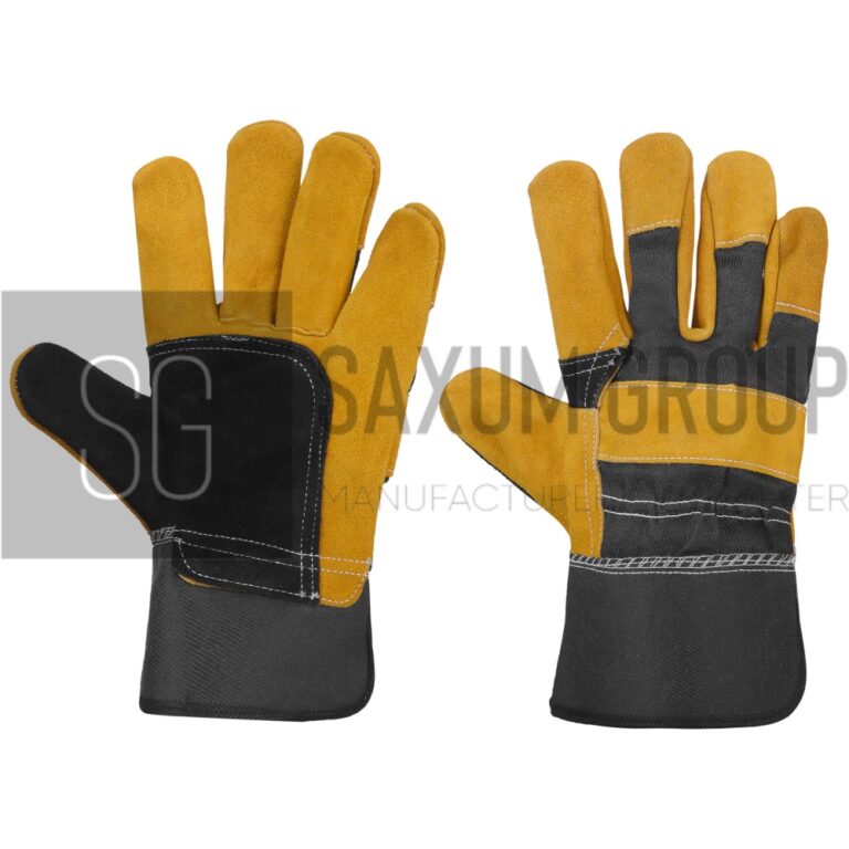 Gold split leather glove with black thumb, cotton back and rubber cuff