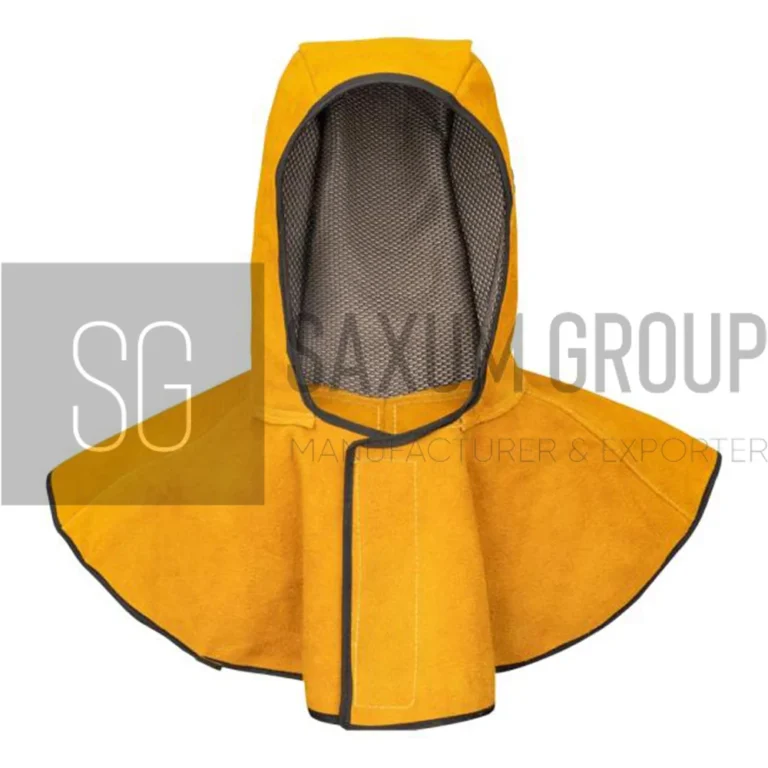 Leather welding hood with mesh lining and velcro closure