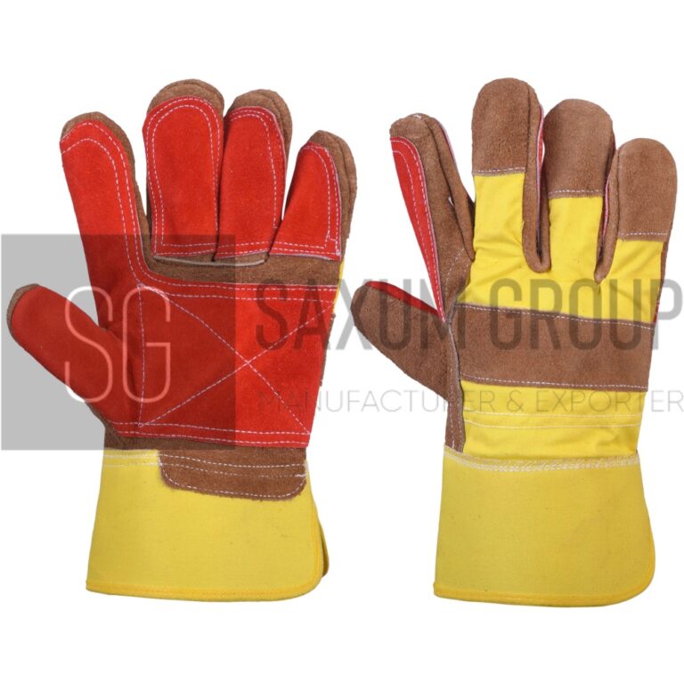 Brown split leather glove with red reinforcement