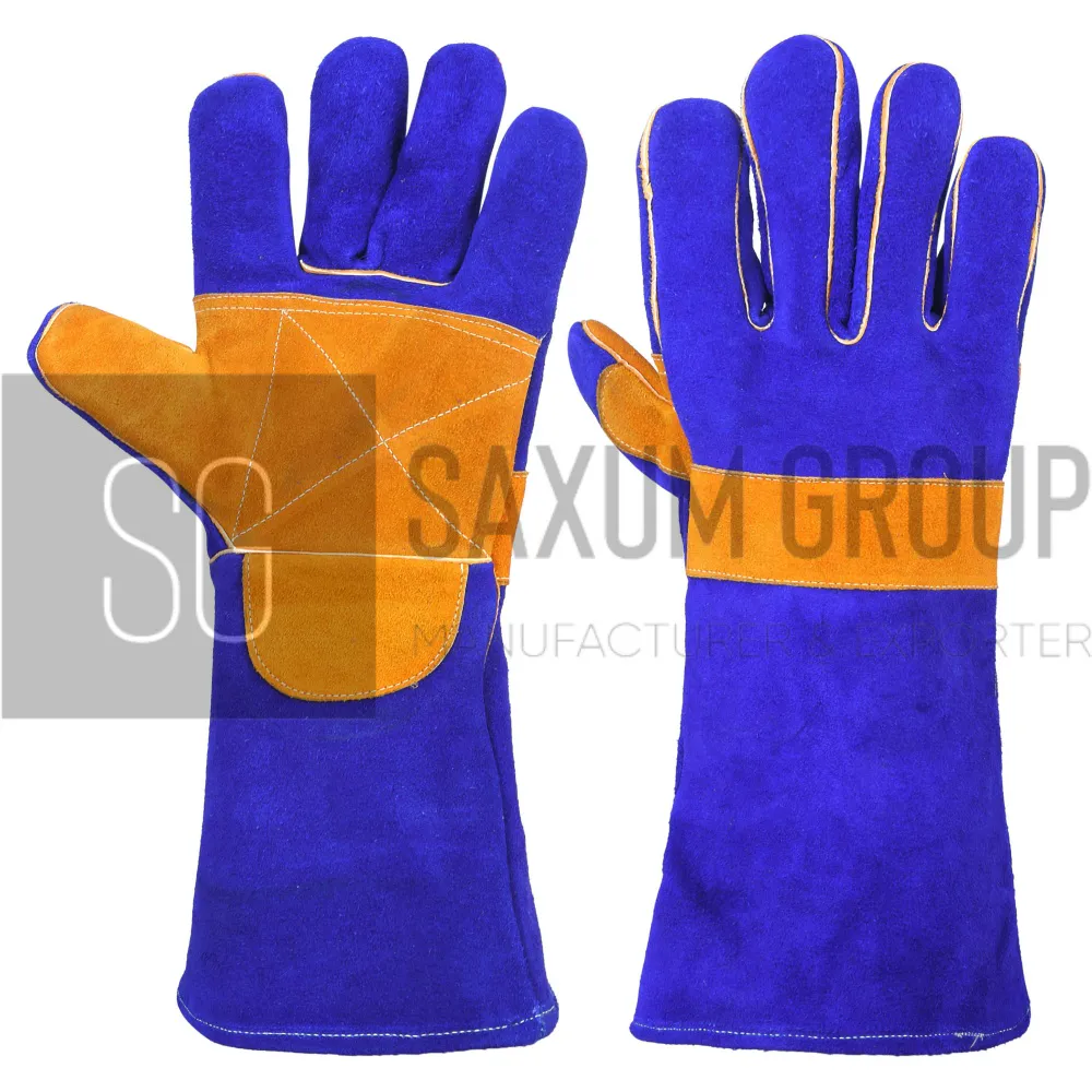 Blue Welding Gauntlet with Tan Palm and Knuckle Strap (SG-WG-33) by Saxum Group, Sialkot