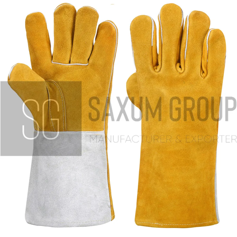 Gold Welding Gauntlet with Grey Cuff Panel (SG-WG-31) by Saxum Group, Sialkot