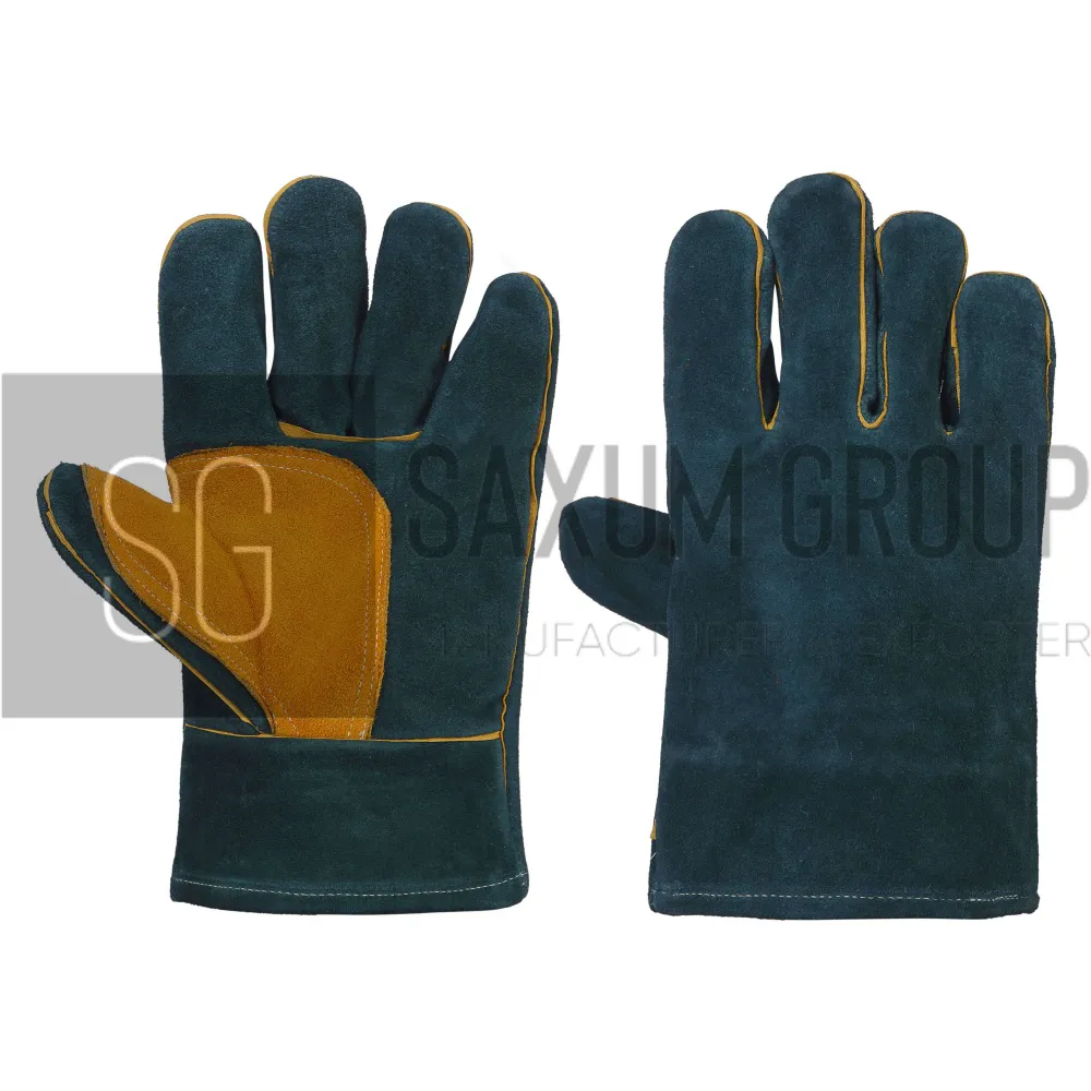 Green Short Cuff Welding Glove with Gold Palm Patch (SG-WG-16) by Saxum Group, Sialkot