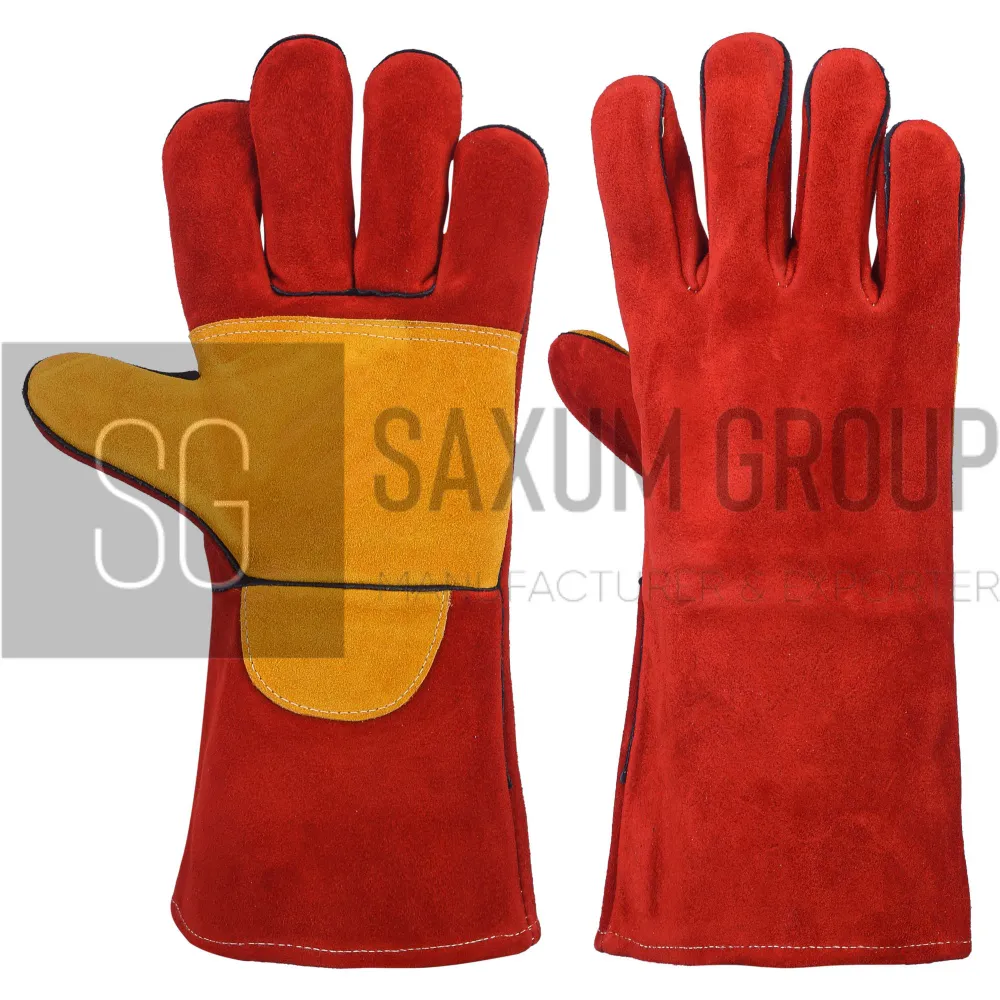 Red Welding Gauntlet with Gold Palm Patch (SG-WG-30) by Saxum Group, Sialkot